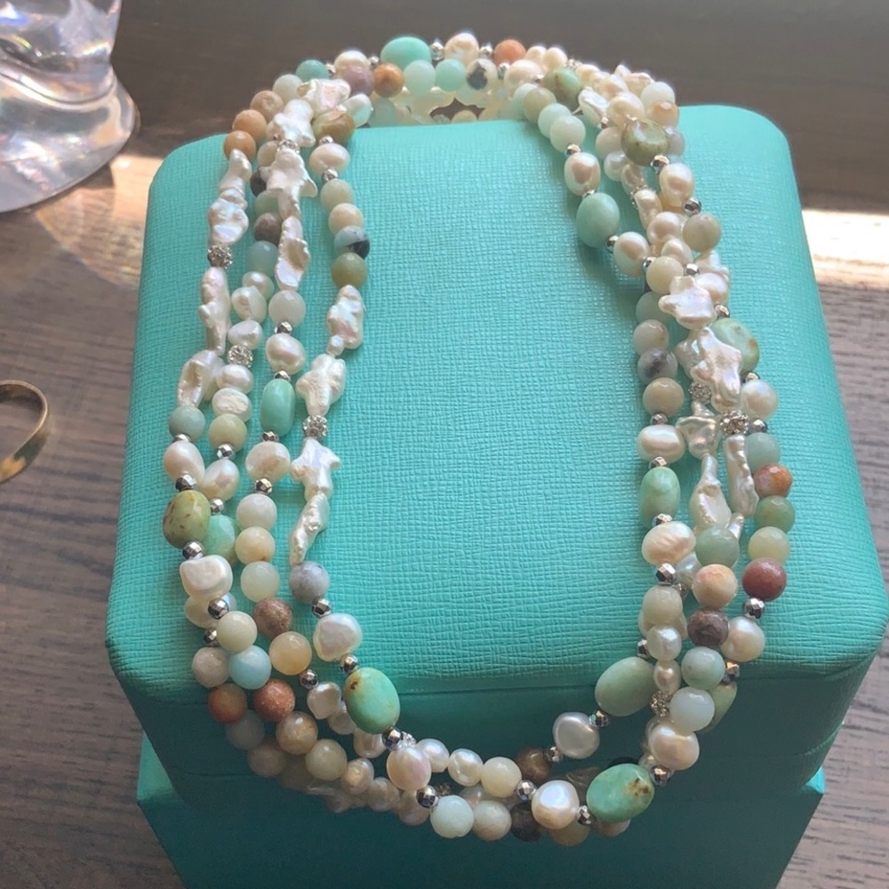 Vintage Natural Pearl Stone Bead Necklace 64”